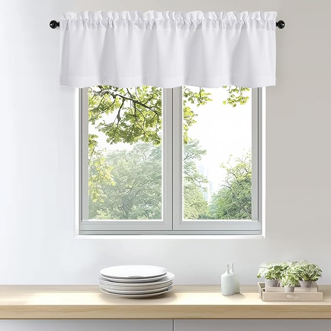 OWENIE Bob 1 PCS White Valances for Windows, Faux Linen Textured Kitchen Window Curtains Valance for Bedroom Living Room, Modern Soft Airy Solid Rod Pocket Bathroom Cafe Curtain, 60Wx16L Inch