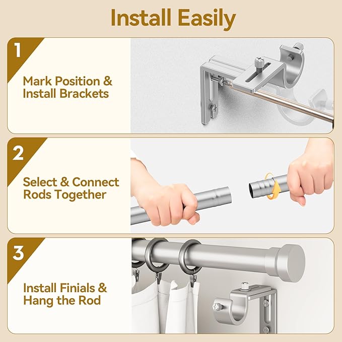 YaFex Curtain Rods 2 Pack 32-58 Inch, Heavy Duty 1 Inch Curtain Rod, Silver Short Adjustable Window Treatment Rods, Modern Design, Easy Installation