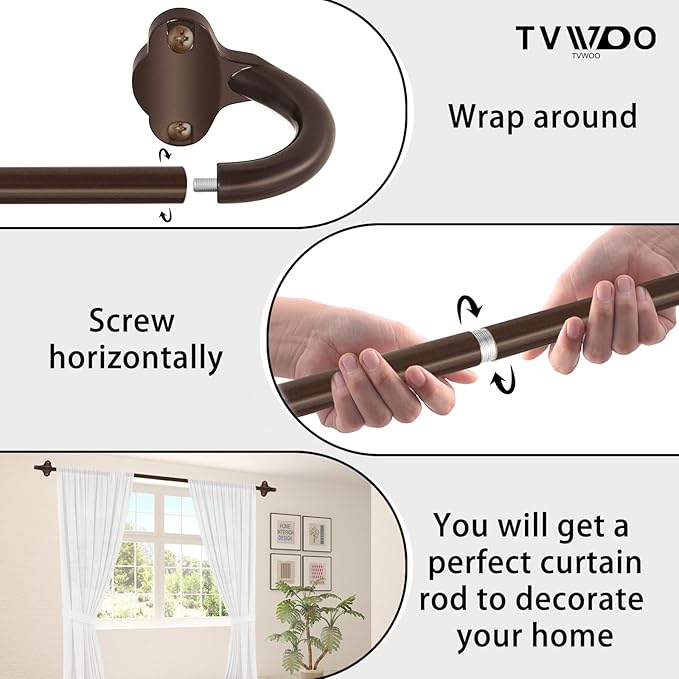 TVWOO Bronze Wrap Around Curtain Rods 2 Pack:Small Blackout Adjustable Window Curtain Rod for Bedroom Kitchen Apartment Renter Friendly,Room Darkening Curved Drapery Rods Easy Install,Brown 48-90 Inch