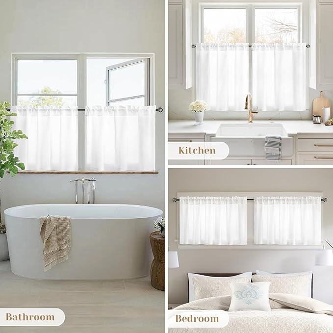 HOMEIDEAS Non-See-Through White Privacy Sheer Kitchen Curtains 30 X 24 Inches Long 2 Panels Short Sheer Curtains Light Filtering Bathroom Window Curtains Drapes for Bedroom Living Room