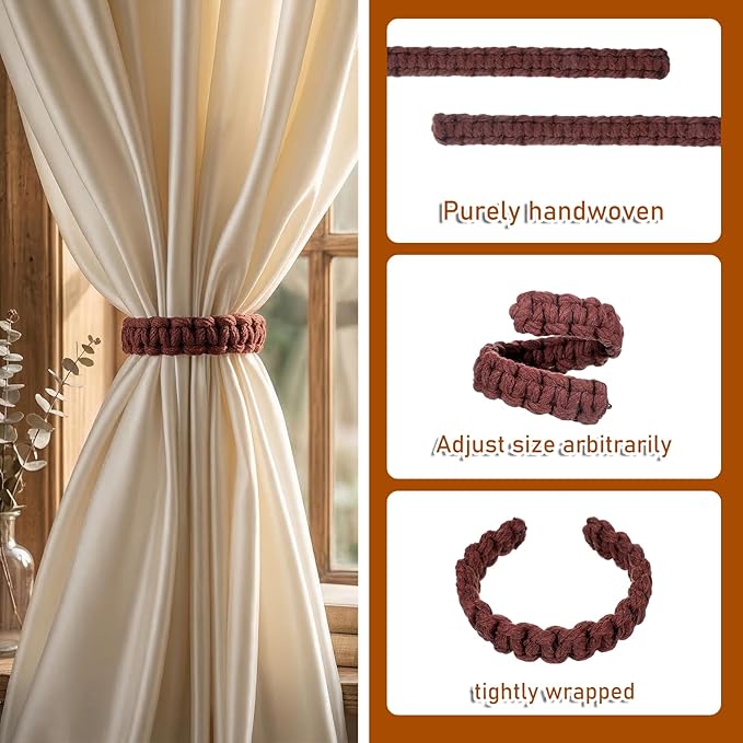 Ptwola 4 Pack Braided Curtain Tiebacks Boho Elegant Rustic Curtain Holdbacks Tie Backs Holders Set Simple Light Weight Drapes Decorative Accessories Handmade for Home Office Bedroom Window