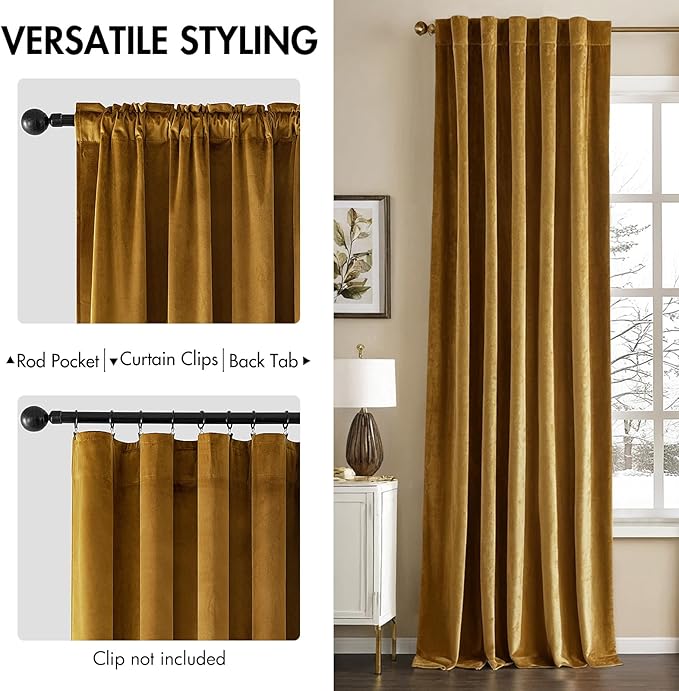MIULEE Velvet Curtains 90 inches - Luxury Room Darkening Curtains for Bedroom Living Room Thermal Insulated Super Soft Window Drapes Rod Pocket & Back Tab, Gold, W52 x L90 inches, 2 Panels