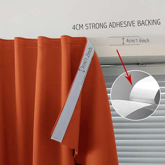 Self Adhesive Curtains Portable Blackout Curtain Simple and Easy to Install Bedroom Window Thermal Lnsulated Kitchen Room Darkening Black Small Drapes, 59" W X 96" L, Orange, 1 Panel