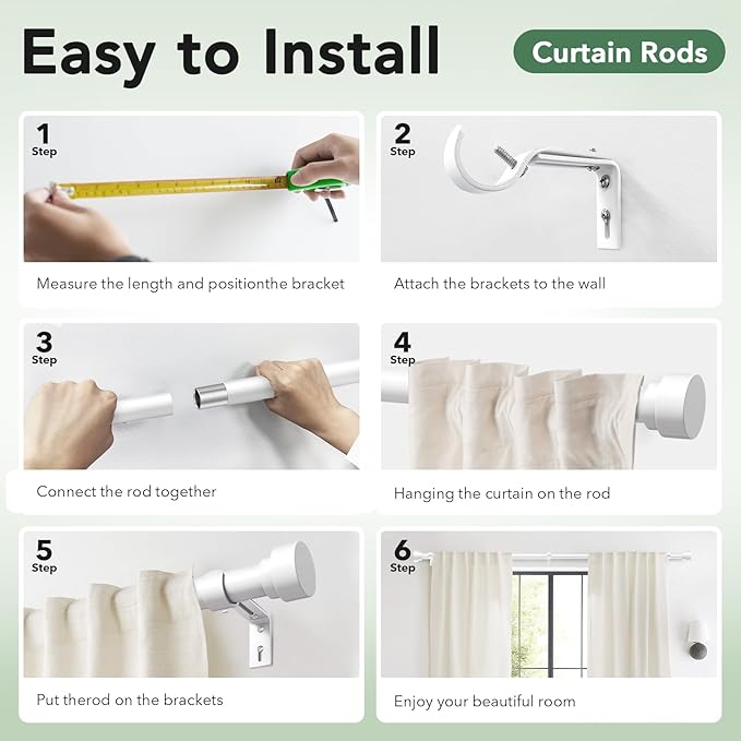 IFELS 2 Pack Heavy Duty Curtain Rods for Windows 48 to 84 Inch, 1 Inch White Adjustable Curtain Rod Set with Easy Installation and Modern Design (A1,White,30-90",2Pack)