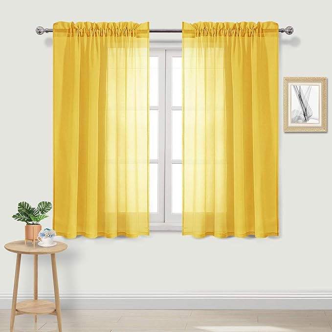 DWCN Yellow Sheer Curtains Semi Transparent Voile Rod Pocket Curtains for Bedroom, Living Room and Kitchen, 52 x 54 inches Long, Set of 2 Panels