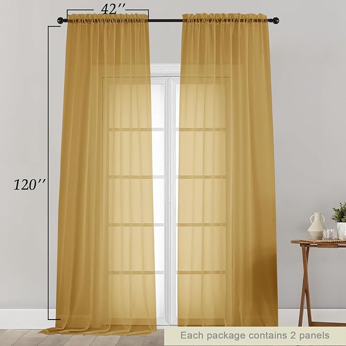 Extra Long Sheer Gold Curtains for Bedroom Living Room 120 Inches Long 2 Panels Set, Solid Soft Light Filtering Rod Pocket Sheer Window Curtains, Gold, Each 42" Wx120 L Inch