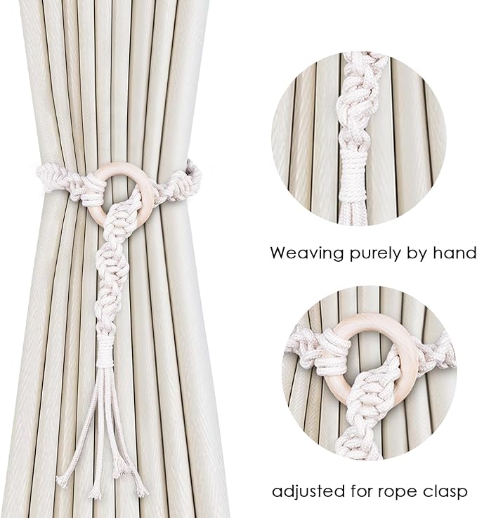 SRG Handmade Boho Curtain Tiebacks Hand Knitting Cotton Curtain Holdbacks with Adjustable Natural Wooden Rings Accessories Wall Decoration for Home Office