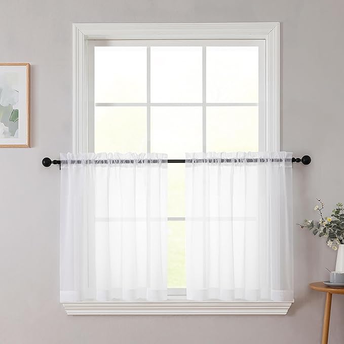 Kitchen Curtains 24 Inch Length Tier 2 Pieces, White Sheer Curtain Solid Soft Sheer Short Curtains for Windows, Cafe Bathroom Basement Rod Pocket Drapes, White, Each 42" Wx24 L Inches
