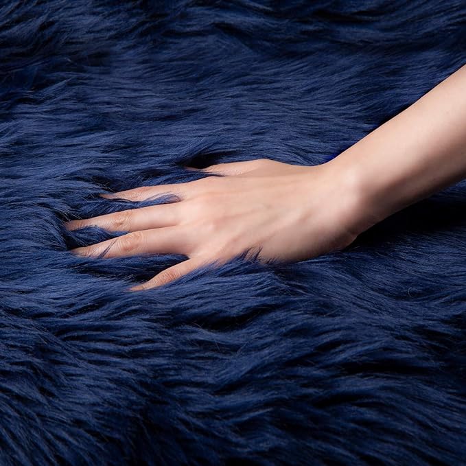 Ashler Faux Fur Rectangular Rug, Fluffy Shaggy 2 x 2.9 ft, Navy Blue, Ultra Soft, Machine Washable, Nursery to Living Room