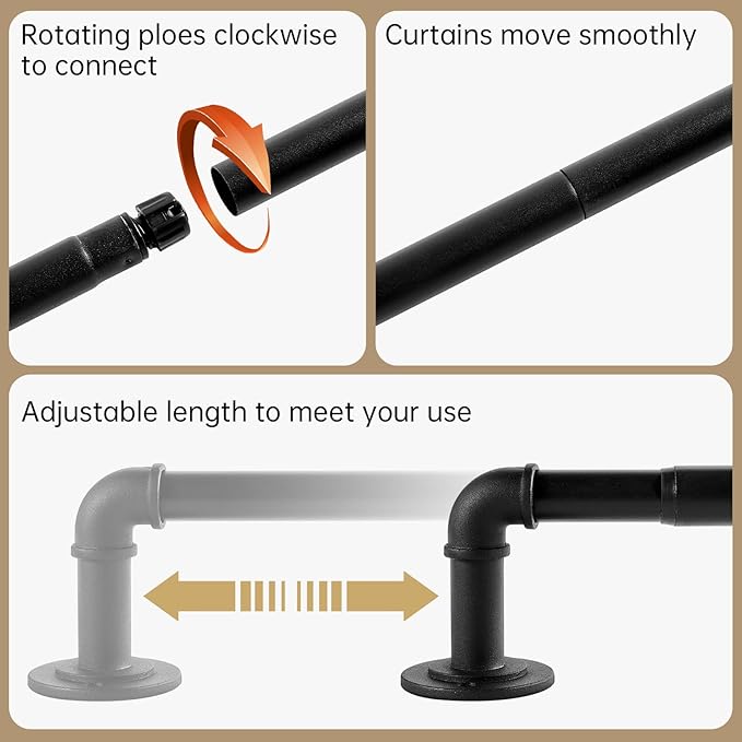 Industrial Curtain Rods for Windows 48 to 84 Inches, Blackout Wrap Around Curtain Rod, for Indoor and Outdoor, 7/8 Inch Diameter, 35 to 75 Inches, Black