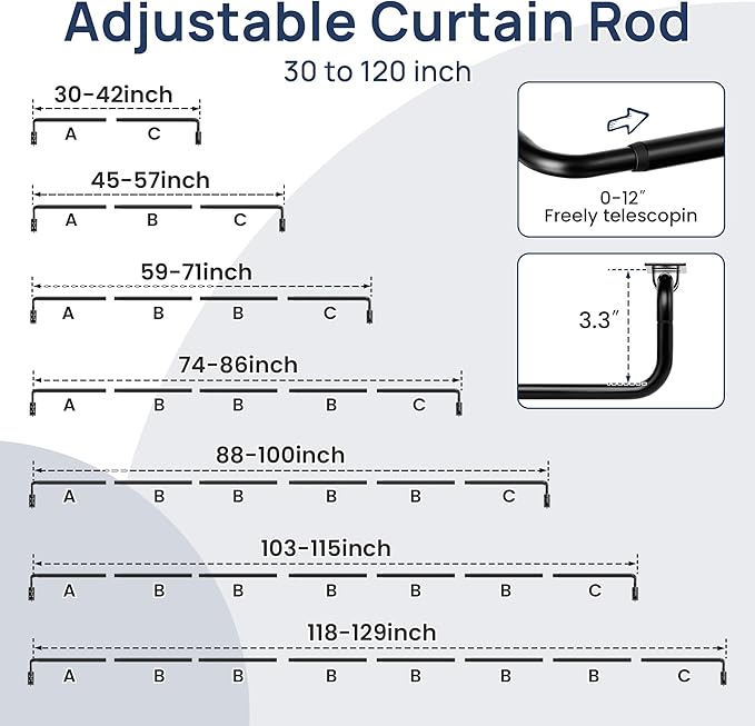 ENJOYBASICS Blackout Curtain rod for windows 66 to 120, Wrap Around Curtain Rods for Bedroom, Living Room, Adjustable from 30 to 129 Inches, Matte Black