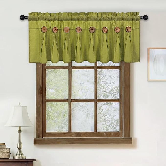 FRAMICS Farmhouse Valance Curtains, Boho Cotton Linen Kitchen Valance, Fresh Green Rustic Button Window Valances for Kitchen Bathroom, Rod Pocket Valances for Windows, Fresh Green, 52 x 18 Inch