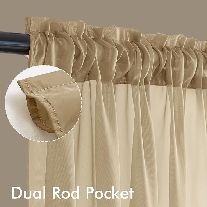 MIULEE Beige Sheer Curtains 72 Inches Long, 4 Panels Set, Rod Pocket Voile Drapes Light Filtering and Semi Transparent, Elegant Window Treatments for Bedroom Living Room,54 x 72 Inches