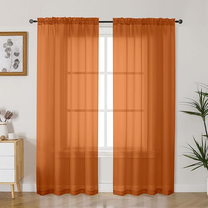 Gwine Sheer Curtains 72 Inches Long 2 Panels for Front Door, Light Filtering Fall Sheer Curtains for Living Room, Rod Pocket Window Treatments Drapes, Each 42 Wx72 L, Burnt Orange