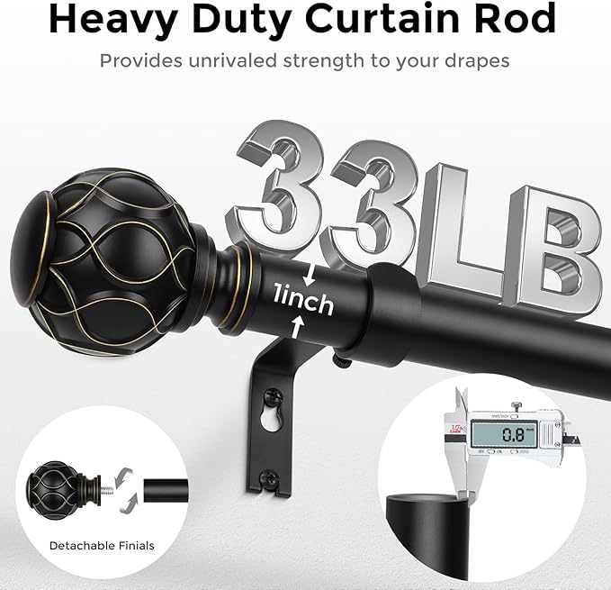 2 Pack Black Curtain Rod, Heavy Duty 1 Inch Decorative Curtain Rods for Windows 30 to 56 Inch, Single-Side Adjustable Vintage Rustic Matte Black Drapery Pole Set with Netted Texture Finials