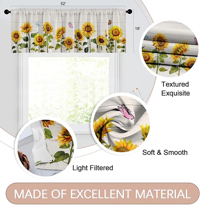 Emvency 4 Pack Valances Window Treatments, Farmhouse Sunflower Spring Summer Butterfly Blackout Adjustable for Living Room Bathroom Bedroom Kitchen Over Sink, 52x18 Inch Rod Pocket Valances