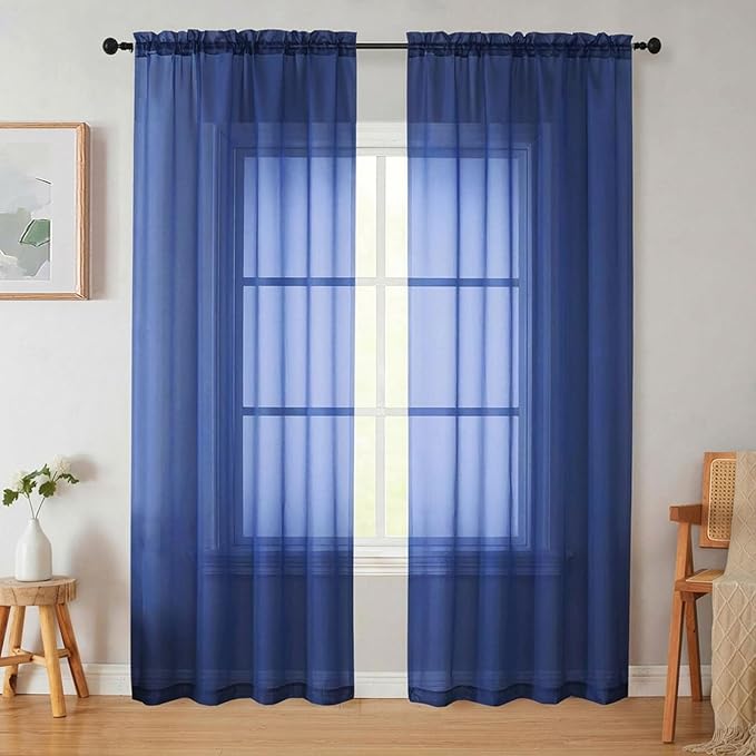 Sheer Curtains 84 Inches Long 2 Panels Set for Bedroom Living Room, Soft Airy Light Filtering Modern Solid Rod Pocket Drapes Window Treatments, Royal Blue, Each 42" W x 84" L