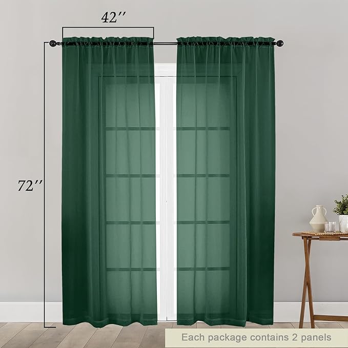 Hunter Green Sheer Curtain for Bedroom Living Room 72 Inches Long 2 Panels Set, Solid Soft Airy Light Filtering Sheer Window Curtains, Rod Pocket Door Curtain, Hunter Green, 42"Wx72"L Inches
