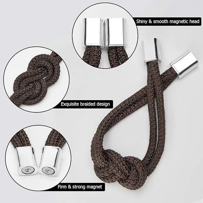 NICEEC 4 Pack Mini Magnetic Curtain Tiebacks Nordic Simple Style Drape Tie Backs Elegant Hand Weave Rope Knot Decorative Curtain Holdbacks for Home & Office Thin Window Drapery (Coffee)