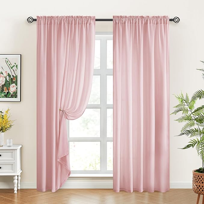 HOMEIDEAS Non-See-Through Light Pink Privacy Sheer Curtains, 52 X 84 Inches Long 2 Panels Sheer Curtains Light Filtering Window Drapes for Bedroom Living Room