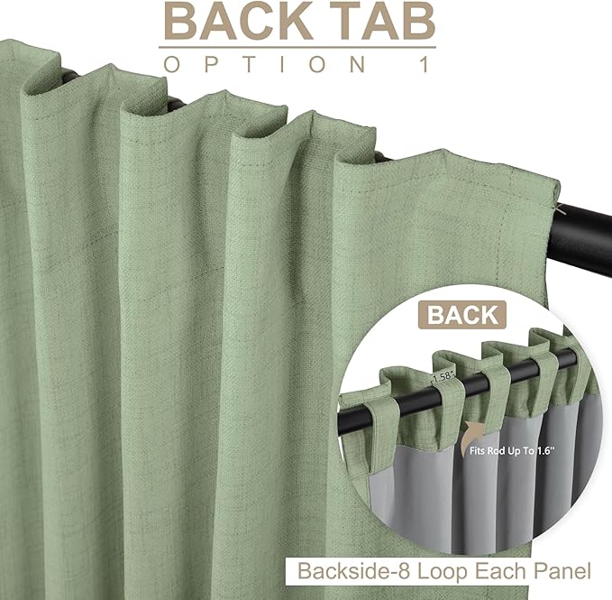 100% Blackout Shield Linen Blackout Curtains for Bedroom 96 Inches Long, Back Tab/Rod Pocket Living Room Drapes, Thermal Insulated Blackout Curtains 1 Panel Set, 100" W x 96" L, Sage