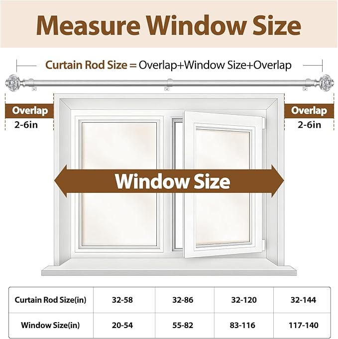 Curtain Rod 32 to 58 Inches (2.6-4.8ft), USFOOK 7/8 inch Telescoping Splicing Curtain rods for Windows 20 to 54 inches, Silver Decorative Drapery Rods for Home with Translucent Finials