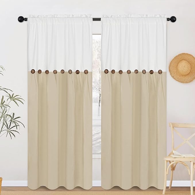 FRAMICS Farmhouse Cotton Linen Curtains for Living Room, Boho Button Curtains 84 Inch Length 2 Panels, Rustic Country Linen Window Curtain for Bedroom Rod Pocket Drapes, 52 x 84 Inch, White and Linen