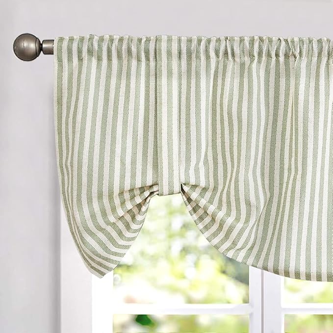 jinchan Tie Up Linen Textured Striped Bow Tie Curtain for Kitchen Bathroom Rod Pocket Pinstripe Valance Window Treatments Ticking Stripe Pull Cord Valance 1 Panel 18 Inch Sage Green on Linen
