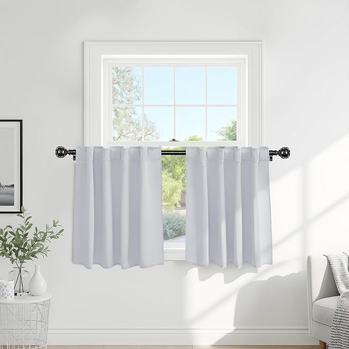 PONY DANCE Short Blackout Curtains for Kitchen Windows, Small Curtains for Bathroom Window, Thermal Insulated Window Curtains Tiers for Basement, W 29 x L 36, Greyish White, 1 Pair