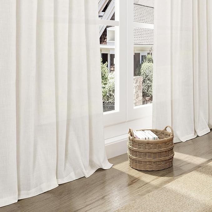 Beige White Linen Curtains for Kitchen Windows Over Sink Neutral 30 Inch Length Back Tab and Rod Pocket Light Filtering Semi Sheer Cafe Curtain for Bathroom RV Small Window 36 x 30 Inch,2 Panels