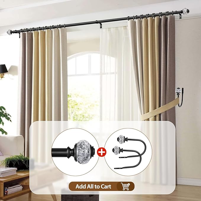 Black Curtain Rods 32 to 58 Inches (2.6-4.8ft), USFOOK 7/8 Inch Telescoping Splicing Drapery Rods for Windows 20 to 54 Inch, Decorative Translucent Finials
