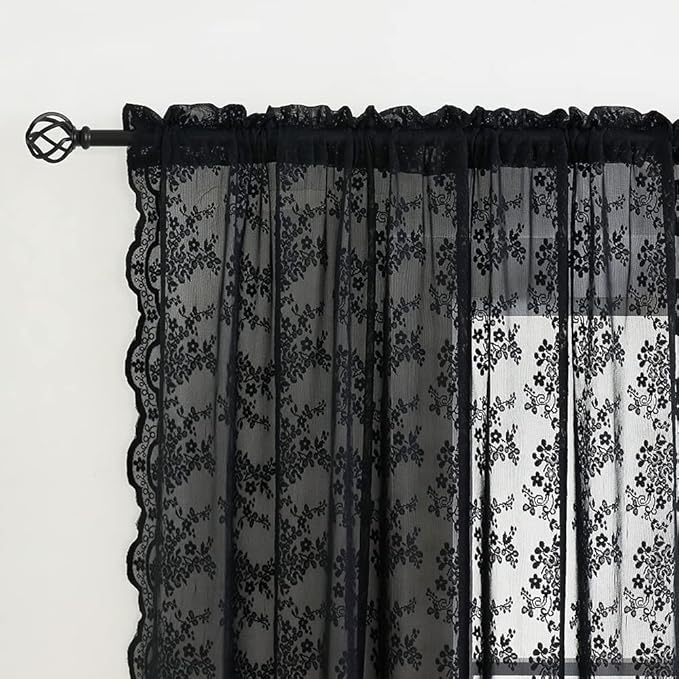 YJ YANJUN Vintage Lace Curtains 96 Inches Long Victorian Floral Gothic Black Sheer Curtains for Living Room Bedroom Halloween Goth Decor Rod Pocket 52W x 96L 2 Panels Black