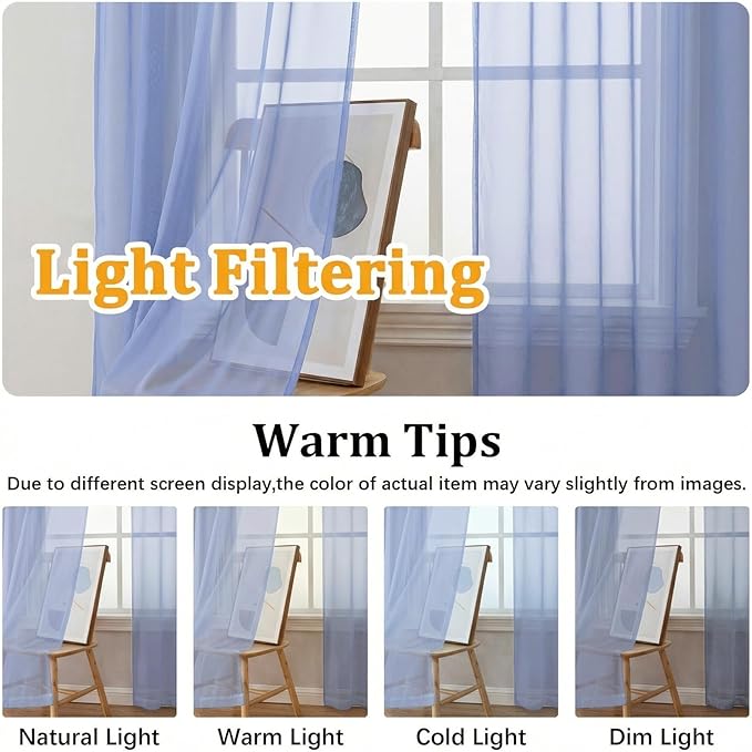 Gwine Denim Blue Sheer Curtains 63 Inch Length for Living Room 2 Panels, Light Filtering Rod Pocket Window Curtain Treatment for Bedroom, Voile Elegant Sheer Drapes，Each 42Wx63L