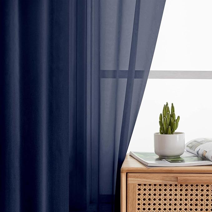 Cafe Curtains 36 Inch Length Tier 2 Pieces, Modern Soft Airy Sheer Kitchen Short Curtains for Small Window, Rod Pocket Small Curtain for Bathroom Basement, Navy Blue, Each, 42"Wx36"L Inches