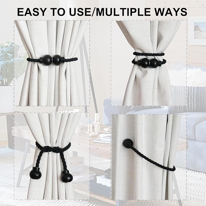 2 Pack Magnetic Curtain Tiebacks Modern Handmade Rope Curtain Tie Backs Decorative Drapes Weave Holdbacks for Home Outdoor Bedroom Office Decorative Curtain, Black