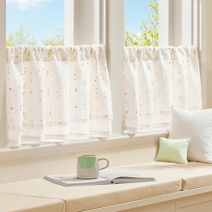 jinchan Kitchen Valance Curtain for Windows 16 Inch Mini Pom-Pom Double Layer Valance Linen Blend Country Window Treatment for Bedroom Living Room Light Filtering Rod Pocket 1 Panel Sunlit Grove