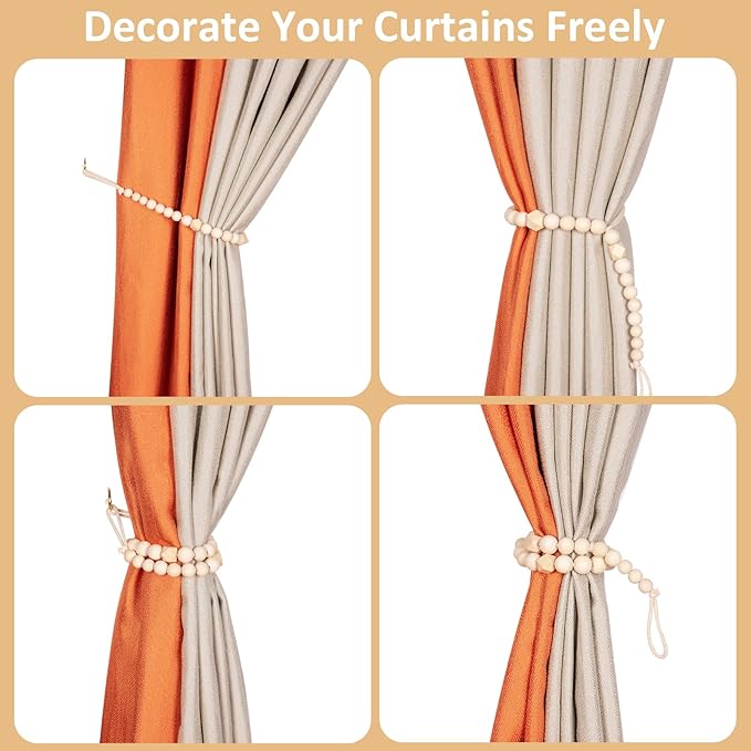 Wood Bead Curtain Tiebacks, KLOGTSIND Set of 6 Curtain Holdbacks for Thin or Thick Window Draperies, Boho Farmhouse Curtain Tiebacks with Hooks, Curtain Tie Backs for Home Office Room Decor