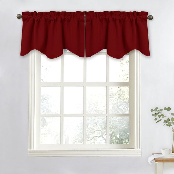 NICETOWN Basement Window Scalloped Red Valances - Elegant 52 inches Wide by 18 inches Long Blackout Curtains for Living Room & Bedroom & Offcie Christmas Decor (Burgundy Red, Pack of 2 Pieces)