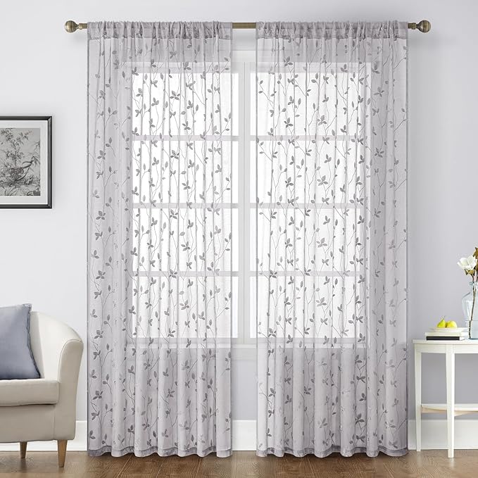 HOMEIDEAS Light Grey Sheer Curtains 52 X 96 Inches Length 2 Panels Embroidered Vine Floral Pattern Pocket Faux Linen Semi Sheer Voile Window Drapes for Bedroom Living Room