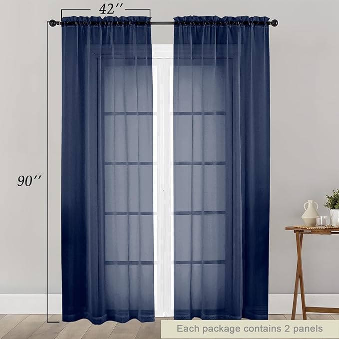Sheer Navy Blue Curtains for Bedroom Living Room 90 Inches Long 2 Panels Set, Soft Airy Light Filtering Sheer Window Treatments, Modern Rod Pocket Curtains Drapes, Each 42" Wx90 L Inch