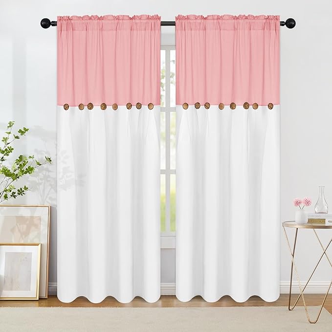 FRAMICS Farmhouse Cotton Linen Curtains for Living Room, Pink Button Curtains 84 Inch Length 2 Panels, Rustic Country Linen Window Curtain for Bedroom Rod Pocket Drapes, 52 x 84 Inch, Pink and White