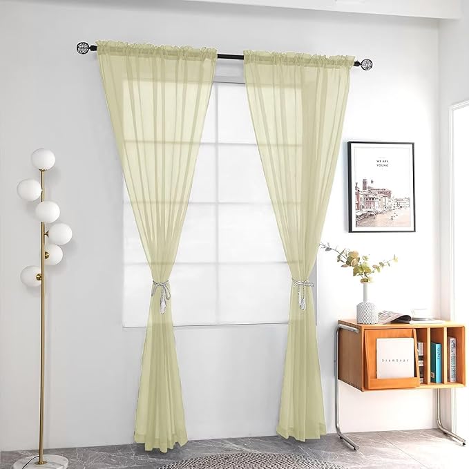 youleyar Solid Sheer Rod Pocket Curtain Voile Draperies 2 Panels White Beige Black Ivory Coffee 26 Inch Width 30 Inch Long 1 Pair for Kitchen Bedroom Children Living Room Yard(Sage Green,26W x 30L)