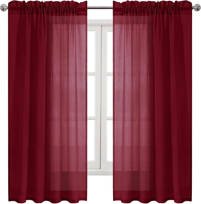 DWCN Christmas Burgundy Sheer Curtains Semi Transparent Voile Rod Pocket Curtains for Bedroom and Living Room, 52 x 72 inches Long, Set of 2 Panels