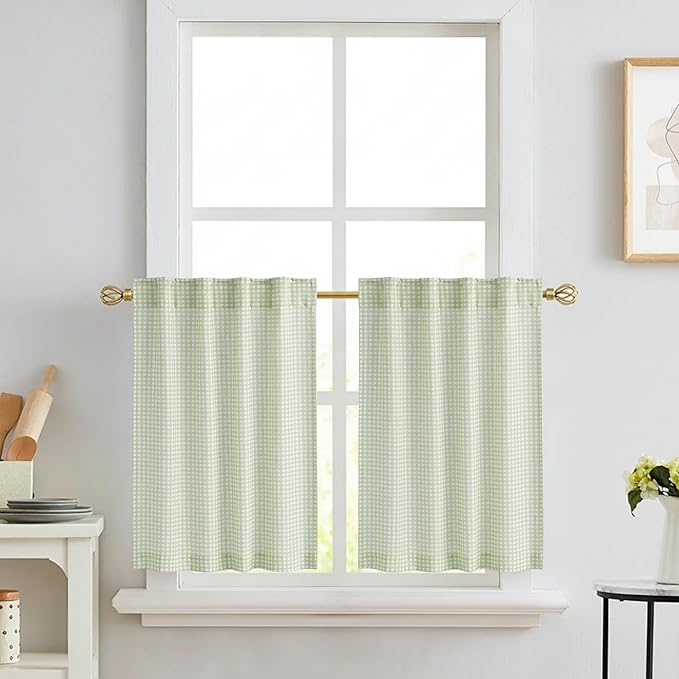 RYB HOME Gingham Cafe Curtains 24 inch Length, Linen Checkered Vintage Farmhouse Plaid Curtains Small Window Treatment for Kitchen Living Room Bathroom Valance, Sage Green, W26 x L24, 2 Panels