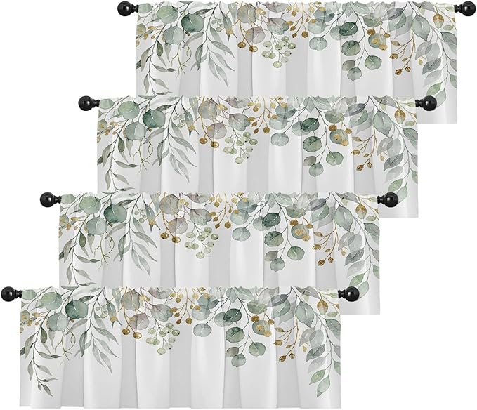 Emvency 4 Pack Valances Window Treatments, Green Eucalyptus Leaves Summer Blackout Adjustable Valances for Living Room Bathroom Bedroom Kitchen Over Sink, 52x12 Inch Rod Pocket