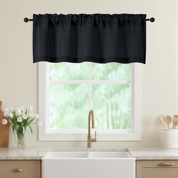 Valances for Windows, Light Filtering Faux Linen Textured Small Short Window Curtain for Bathroom Basement Farmhouse, Rod Pocket Top Half Curtains for Windows, Black 52Wx18L Inch