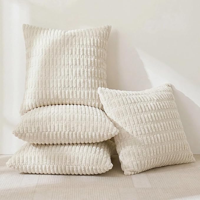 Fancy Homi 4 Packs Boho Cream Decorative Throw Pillow Covers 18x18 Inch for Living Room Couch Bed Sofa, Rustic Modern Farmhouse Home Decor, Soft Plush Corduroy Cute Square Beige Cushion Case 45x45 cm