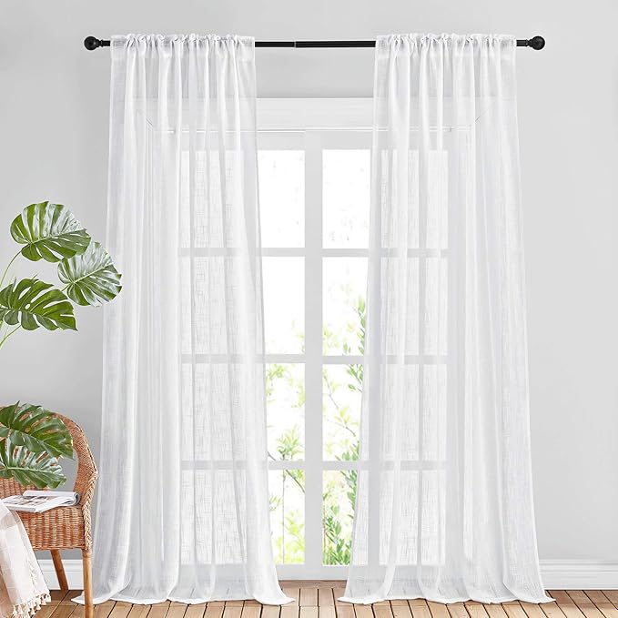 NICETOWN White Linen Sheer 120 inch Curtains for Living Room, Rod Pocket & Back Tab Semi Sheer Window Treatment Privacy with Light Filtering Drapes for Bedroom, W52 x L120, 2 Panels