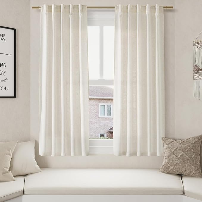 Nanspring 60 Inch Length Linen Curtains Cream Semi Sheer Light Filtering Back Tab and Rod Pocket Neutral Curtains for Bedroom Living Room 34 x 60 Inch,2 Panels
