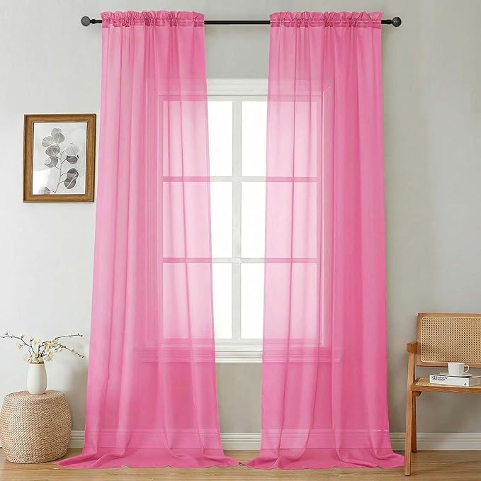Gwine Extra Long Sheer Curtains 108 Inches Long - Light Filtering Rod Pocket Window Curtain Panels for Bedroom, Elegant Soft Voile Living Room Sheer Drapes, Each 42Wx108L, 9FT, 2 Panels, Hot Pink